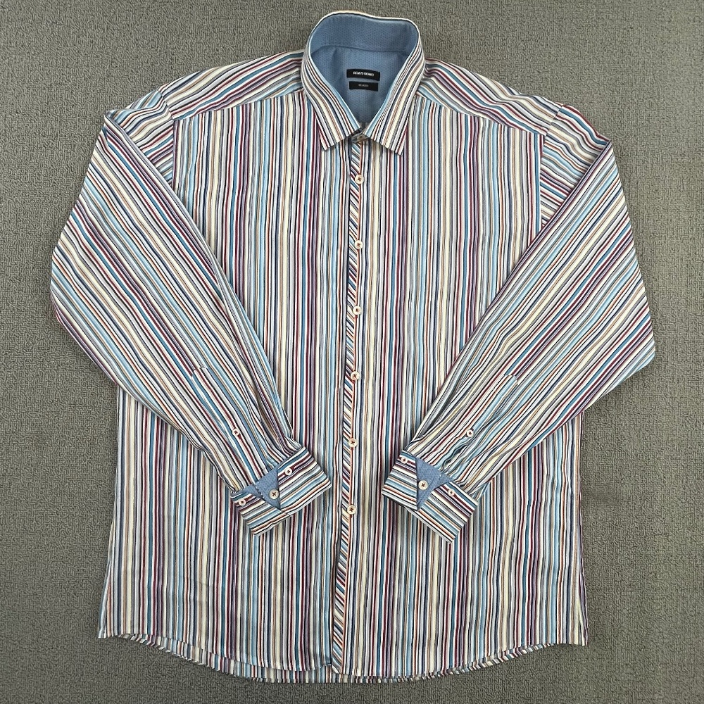Remus Uomo Shirt Adult Stripe 17.5  Button Up Relaxed Long Sleeve Casual Men